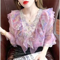 2021 new womens ins tide shirt fashion short-sleeved floral chiffon shirt women with diamonds loose V-neck top