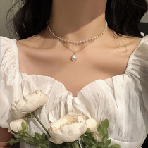 Korean pearl necklace female clavicle chain Light luxury niche design sense of high-end double pendant single 2021 new