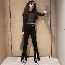 Girl black open fork micro horn pants 2022 New spring and autumn Childrens spring pants net red foreign air display slim
