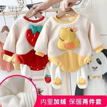 Baby autumn and winter clothing set Net red newborn plus velvet warm triangle bag fart male and female baby two-piece tide