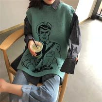 (Two-piece set) design sense split cartoon jacquard sweater vest plaid shirt female student spring and autumn suit