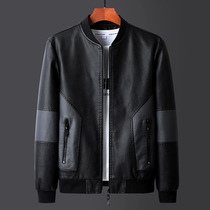 2021 Autumn New stitching handsome baseball collar leather leather jacket male youth slim Korean soft leather jacket jacket
