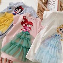 Aisha white snow princess dress summer girl baby foreign net gauze dress children long short sleeve T-shirt skirt