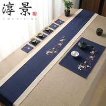 Embroidered cotton and linen table flag Chinese two-color tea mat Zen long strip tea table cloth tea flag tea mat tea curtain scented linen cloth