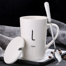 Creative personality ceramic mug with lid spoon drinking water Cup trend couple men and women household milk coffee cup