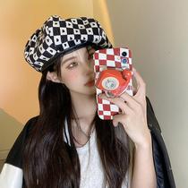 Black love chessboard plaid beret female winter wild Net Red big head circle painter cloud hat autumn and winter