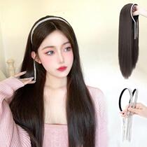 Wig women long hair new crystal hair band black long straight wig piece naturally removable headband U-shaped half head cover