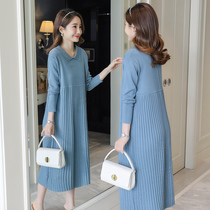 Maternity Wear Autumn long sleeve fashion lapel loose knee knit sweater dress long winter maternity dress