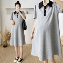 Maternity summer short-sleeved top Summer fashion lapel knee loose cotton maternity dress Summer maternity skirt