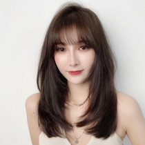 Wig Female long hair Full head cover type medium long hair Real hair net red natural real hair Short hair Realistic clavicle hair set