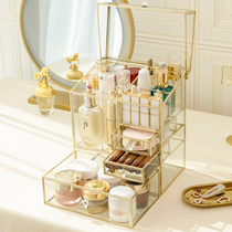 Premium cosmetics storage box copper glass dustproof large capacity dressing table desktop finishing rack high-end luxury