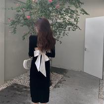 Sexy big backless temperament dress womens 2021 spring new long velvet skirt fashion Little Black Dress