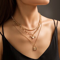 European and American fashion jewelry inlaid diamond claw chain Simple stacked necklace Angel wing love lock pendant necklace temperament