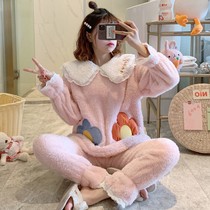 Pajamas women autumn and winter coral fleece padded cute color spring and autumn can be worn outside suit flannel large size home clothing