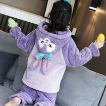 Childrens pajamas womens winter coral velvet middle-aged childrens little girls baby cute flannel girls home clothes set