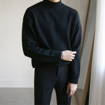 Gangfeng autumn and winter velvet thickened semi-turtleneck sweater mens loose middle collar base knitted sweater Korean tide sweater sweater