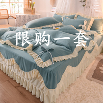 Net red four-piece cotton cotton double lace bed skirt bed linen style Princess wind ruffles quilt cover new in autumn and winter