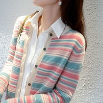 2021 New Knitted Cardigan Womens Round Neck Striped Top Loose Sweater Jacket Spring and Autumn Short Style Korean Tide