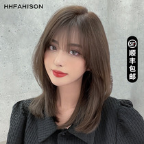 Wig short hair female summer natural long clavicle hair full head set real hair full real hair net red round face wig