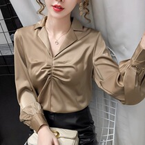 Shirt womens design sense niche spring and autumn cover fat show thin lantern sleeve top Suit collar pleated French shirt
