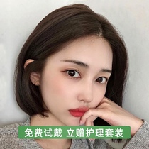  Wig female short hair Real hair partial bobble oblique bangs short hair round face hairstyle medium natural full headgear