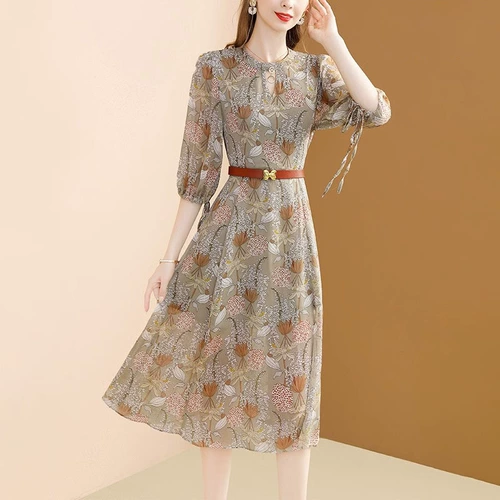 Брендовое модное платье, шифоновая длинная юбка, городской стиль, шифоновое с принтом, средней длины