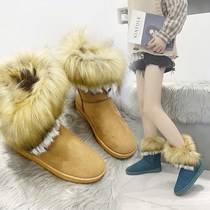 2021 New European and American tube snow boots cotton shoes boots women wholesale snow boots fox hair Amazon explosive women