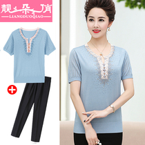  Middle-aged and elderly womens summer new short-sleeved suit 2021 Western style ice silk t-shirt middle-aged mother top two-piece suit