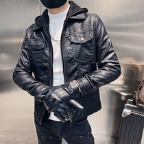 Spirit guy hooded leather man 2021 spring and autumn new Korean version of the trend leather jacket men handsome mens coat