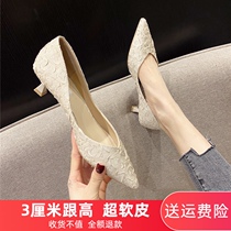 Low-heeled high heels women do not grind their feet 3cm thin-heeled soft leather work shoes small-heeled pointed professional all-match single shoes womens shoes