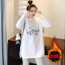 Pregnant woman slats bottom-shirt 2021 autumn winter inner lap blouse with loose round collar thickened grinding woollen develvet long sleeve T-shirt