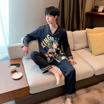 2021 new ice silk pajamas mens spring and autumn four seasons mens home wear mens silk long sleeves summer high-end