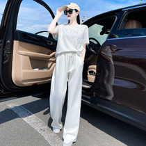 European station high-end temperament fashion leisure suit womens summer 2021 new foreign style age-reducing wide-leg pants two-piece set