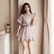 2021 summer Korean version of thin short skirt female tide Retro waist lace-up two-piece set of organza dress student tide