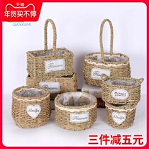 European creative straw flower pot blue woven basket Nordic style straw basket decorative flower basket woven straw basket ornaments