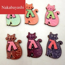 Cute cat two-eyed button retro color printing childrens wooden button DIY handmade decorative buckle 50