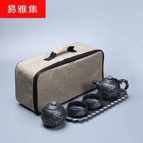 Hand-painted rough pottery gold lotus tea set outdoor travel one pot two cups with tea tray set cushion plate tea maker tea set