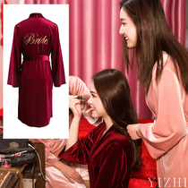 Autumn and winter bridesmaids bridesmaids group embroidered gold velvet nightgown ladies wedding red cardigan souvenir pajamas