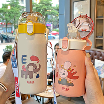  Baby water cup Straw cup Childrens thermos cup 316 food grade stainless steel strap kettle Primary school duckbill cup