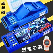 Primary school student stationery box boy Transformers combination lock pen bag large capacity waterproof boy cartoon pencil case boy pen bag pencil case pencil case (send electronic watch)