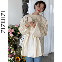  Pregnant womens shirts spring and autumn new solid color loose to cover the stomach and not show off the doll shirt top autumn bubble sleeve shirt