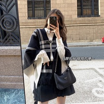Korean version of loose plaid cloak shawl 2021 new two-sided wear outside temperament Joker knit coat female spring and autumn