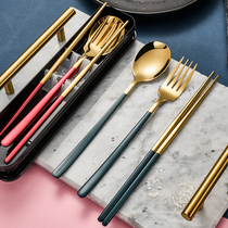 304 stainless steel portable cutlery chopsticks spoon suit cute three-piece single set travel containing cutlery box