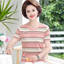 Mom summer ice silk short-sleeved T-shirt 40-50 years old middle-aged womens knitted striped loose large size top Western style