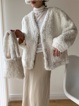 Austrian kiss winter with bag lamb wool coat womens casual loose solid color V-neck single-breasted plush velvet age-reducing cardigan