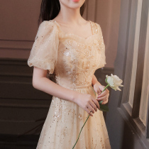 Champagne evening dress dress women 2021 New banquet temperament light luxury minority high-end birthday host advanced sense