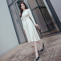 White knit dress womens autumn and winter new high-end celebrity temperament stand-up collar sweater long sleeves bottom A-line skirt