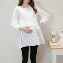 Pregnant womens shirt Spring and Autumn New Fashion large size loose cotton long shirt skirt Korean pullover bottomed