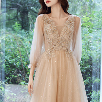 Champagne engagement banquet party small light evening dress women autumn bridesmaid dress pregnant women size dress toast summer