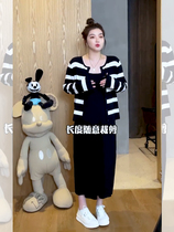 Fat sister suspender dress two-piece early autumn black stripe size womens loose temperament slim dress